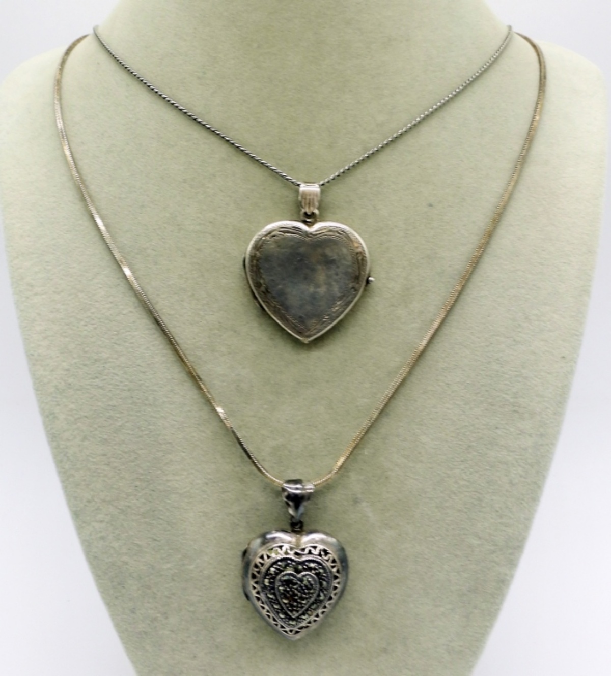 Two Sterling Heart Lockets on Long Chains