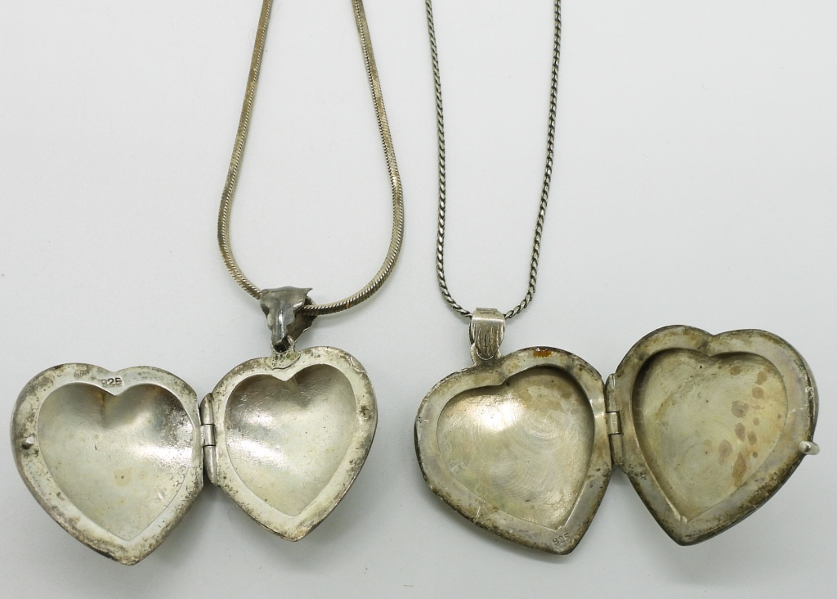 Two Sterling Heart Lockets on Long Chains