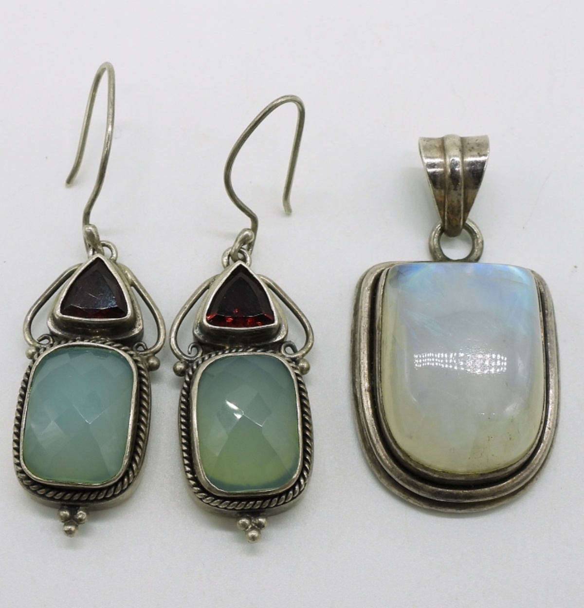 Moonstone Pendant, Green Onyx Earrings - Sterling