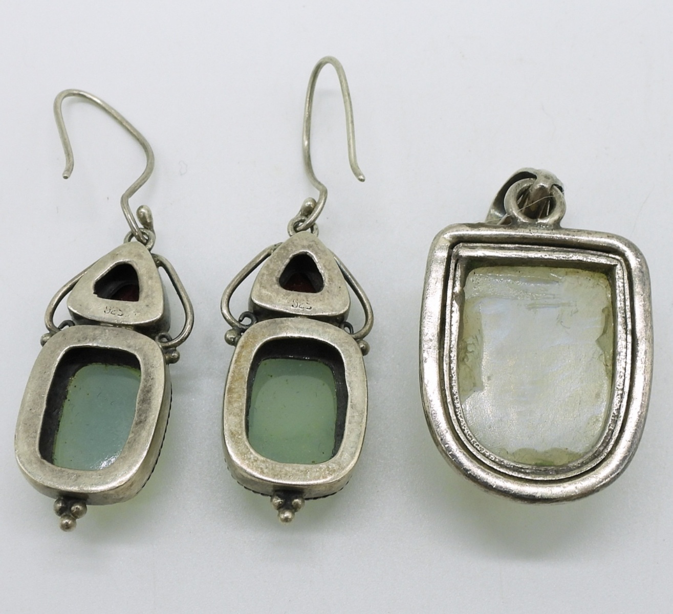 Moonstone Pendant, Green Onyx Earrings - Sterling