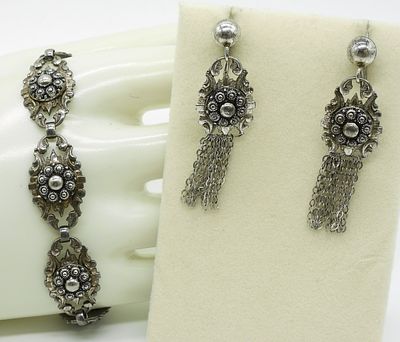 Matching Sterling Bracelet & Earrings - Vintage. Matching sterling bracelet and screw back 