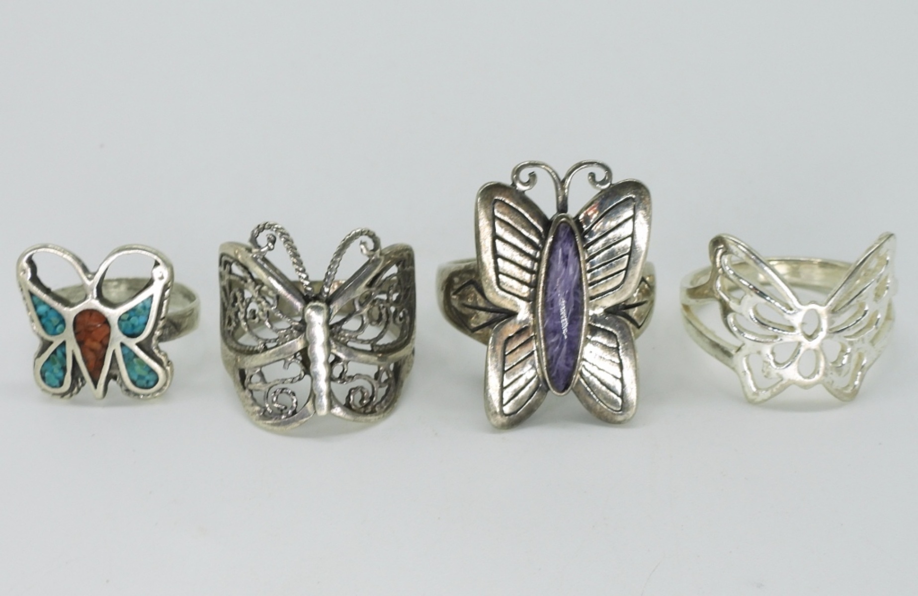 4 Sterling Butterfly Rings, Charoite & Turquoise