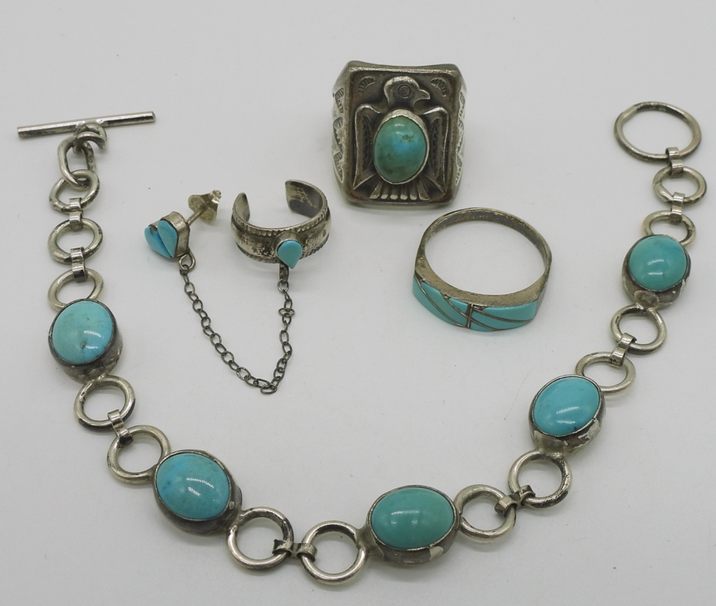 Four 925 Turquoise Rings, Ear Cuff & Bracelet