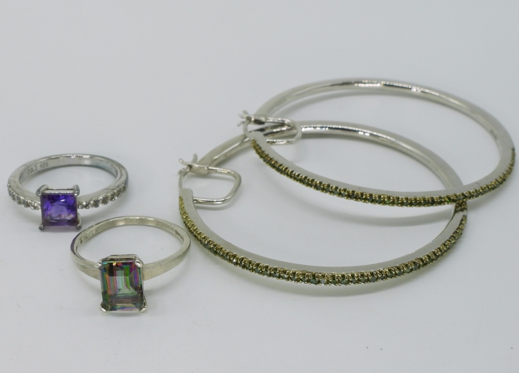 Green Moissanite Earrings and Two Rings, Sterling
