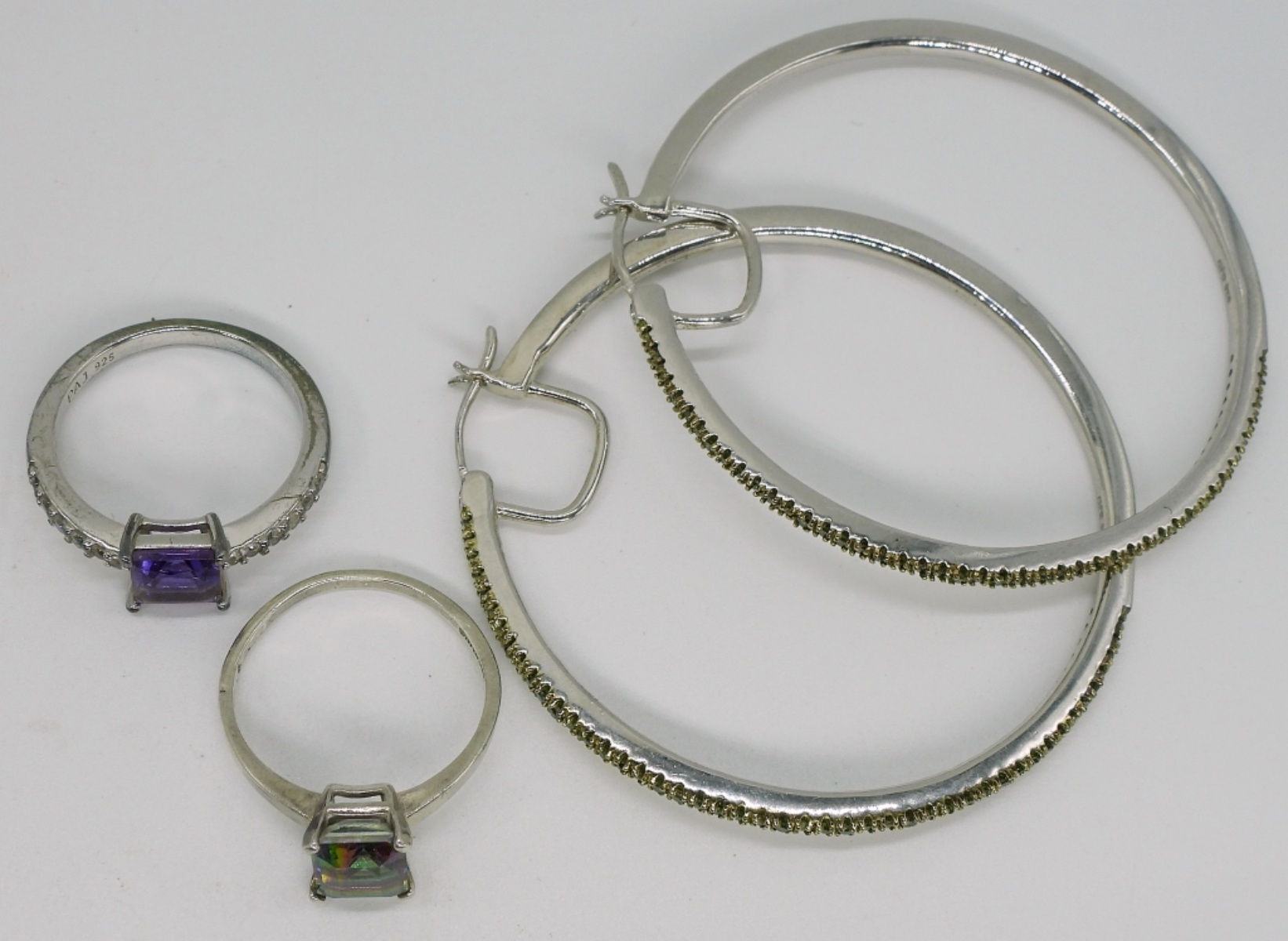 Green Moissanite Earrings and Two Rings, Sterling