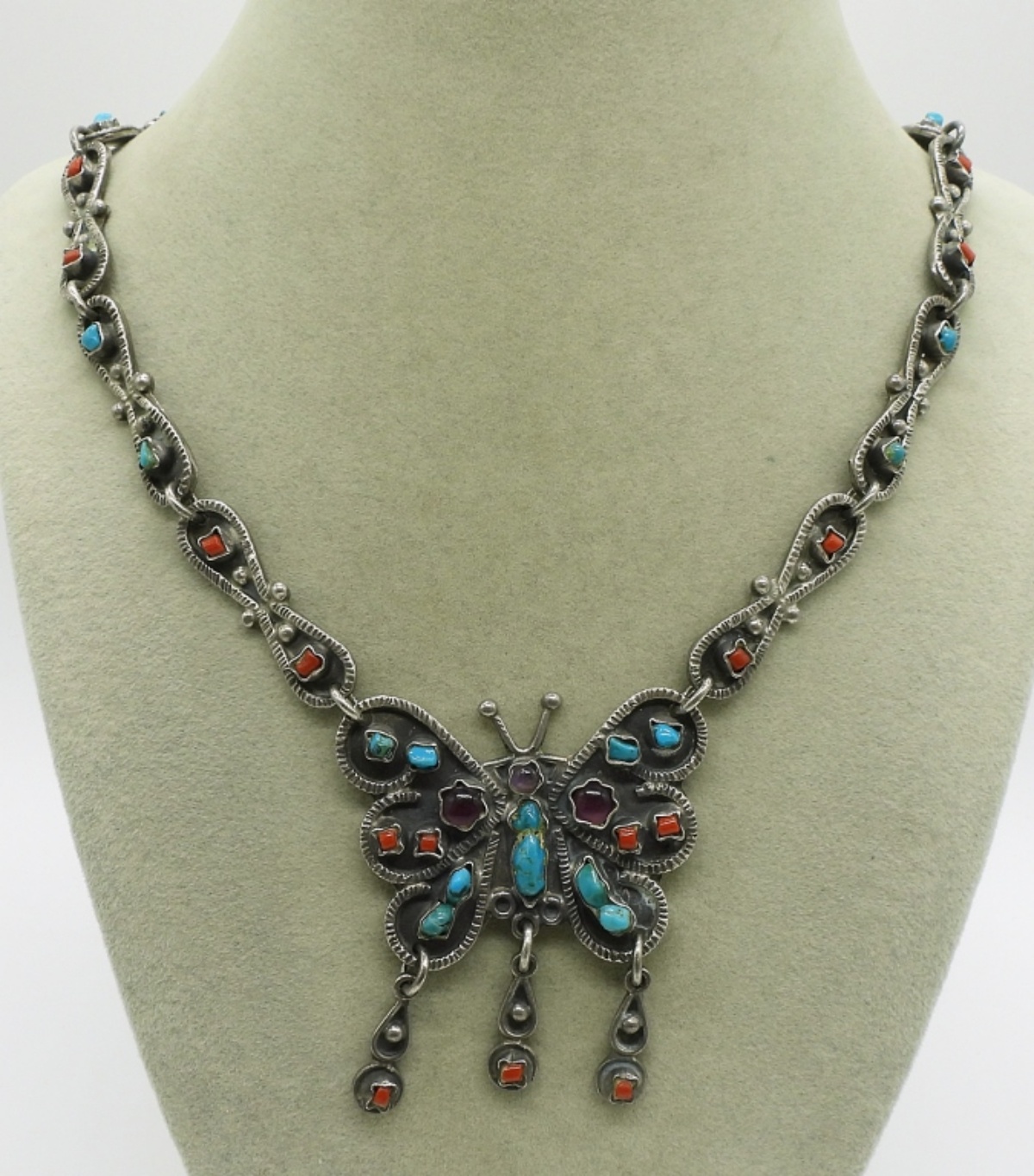 Taxco Sterling Butterfly Necklace with Gemstones