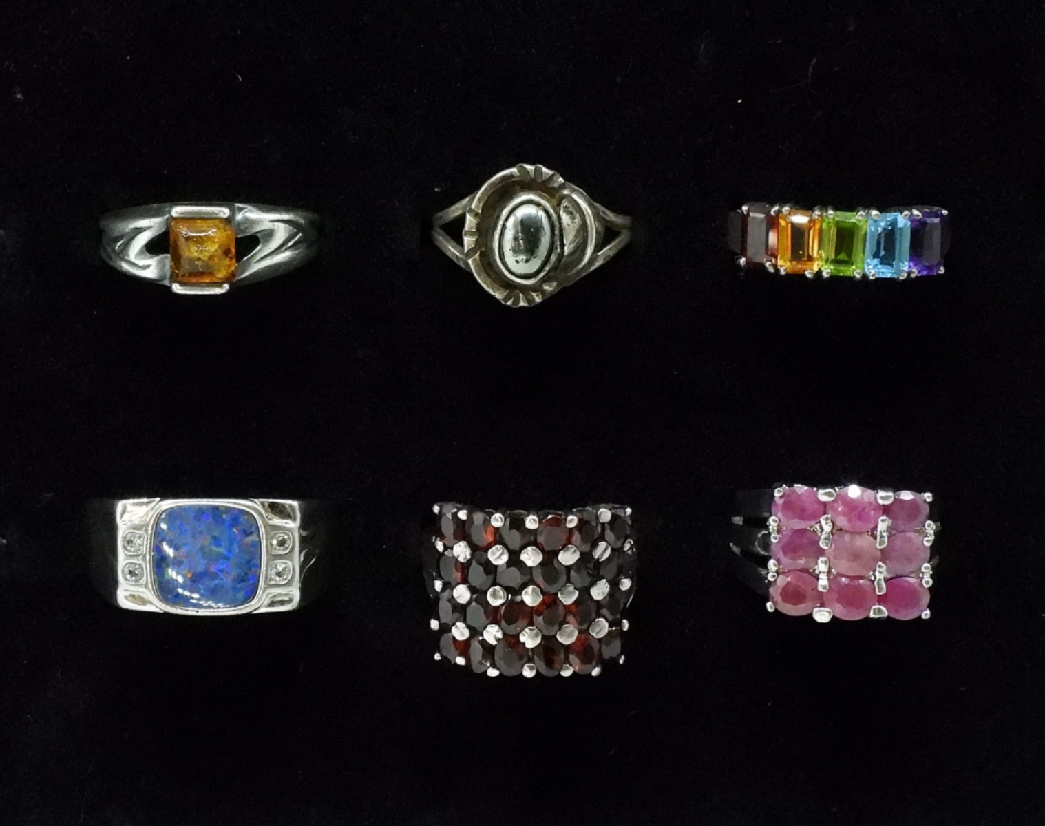 Six Sterling Gemstone Rings, Ruby, Garnet & More