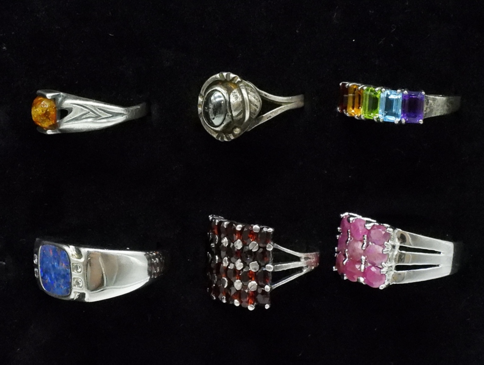 Six Sterling Gemstone Rings, Ruby, Garnet & More