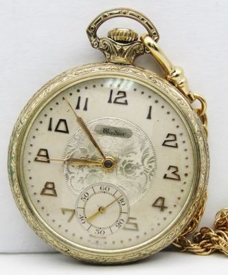ANTIQUE WINDSOR POCKET WATCH. SWISS MOVEMENT, 6j, 12 SIZE, RUNNING CONDITION - NEEDS CLEANED - 