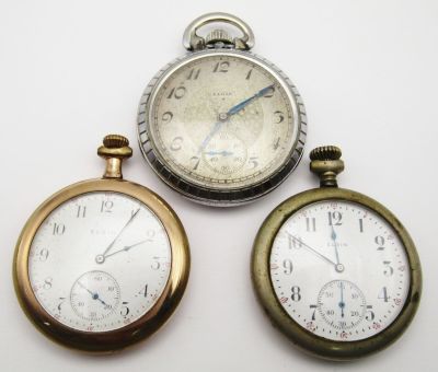 (3) ELGIN OPENFACE POCKET WATCHES. PARTS / REPAIR LOT