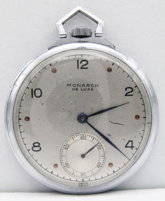 MONARCH DE LUX POCKET WATCH running. OPENFACE VINTAGE WATCH 17j, SWISS MADE