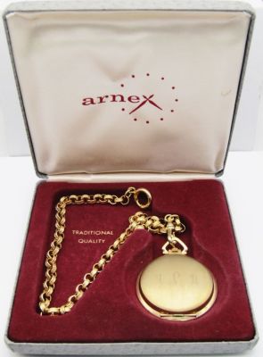 ARNEX QUARTZ MASONIC POCKET WATCH w/CHAIN. in ORIGINAL BOX - MONOGRAM "LOVE JOYCE '84" - NEEDS 