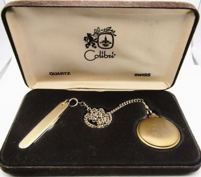 CALIBRI QUARTZ POCKET WATCH w/KNIFE. in ORIGINAL BOX - MONOGRAM "NPK 12-10-83" - NEEDS BATTERY