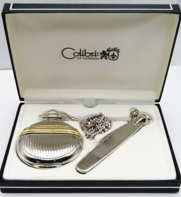 CALIBRI QUARTZ POCKET WATCH w/KNIFE. LIKE NEW! In ORIGINAL BOX - NEEDS BATTERY