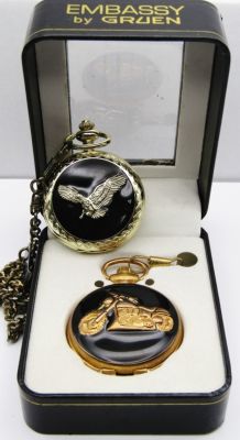 (2) EMBASSY by GRUEN POCKET WATCHES. (1) MOTORCYCLE (1) EAGLE - LIGHTLY USED / LIKE NEW - NEED 