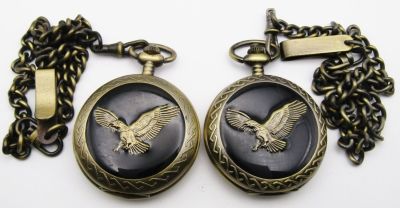 (2) BENRUS QUARTZ DATE POCKET WATCHES. WITH EAGLE CASE - NEEDS BATTERIES - UNTESTED - NICE CONDITION
