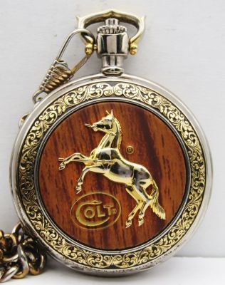 FRANKLIN MINT "COLT .45" POCKET WATCH. QUARTZ in LEATHER SHEATH - NICE CONDITION - NEEDS BATTERY 