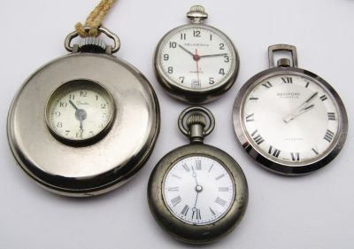 (4) UNIQUE VINTAGE POCKET WATCHES. GRACELINE HALF HUNTER, BENMORE 17j, DELWAECO QUARTZ, CAVOUR - 