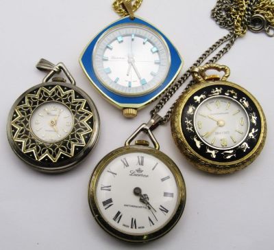 (4) LUCERNE LADIES PENDANT WATCHES. (1) BLUE RUNNING: (1) ZODIAK (1) CAMEO (1) ART DECO - ALL 