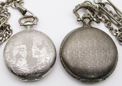 (2) SILVER TONE QUARTZ POCKET WATCHES. NICE CONDITION - UNTESTED - PRETTY ORNATE with CHAINS