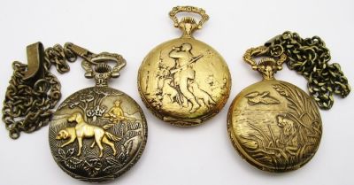 (3) HUNTING THEME POCKET WATCHES. (2) 17j WIND UP for PARTS / REPAIR (1) QUARTZ UNTESTED