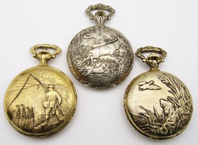 (3) HUNTING THEME POCKET WATCHES 17j. (1) EVER SWISS RUNNING (2) PARTS / REPAIR