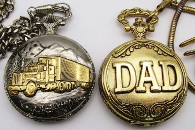 SEMI-TRUCK & "DAD" POCKET WATCHES. FIELD RANGER w/TRUCK - BOTH QUARTZ NEEDS BATTERIES - UNTESTED