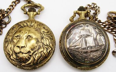 SAIL SHIP & LION POCKET WATCHES. BOTH QUARTZ - NEEDS BATTERIES - UNTESTED