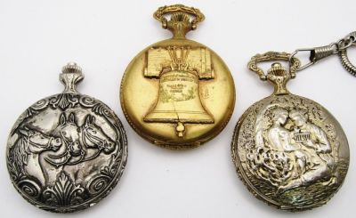 (3) WIND UP POCKET WATCHES - ALL RUNNING. ARNEX 17j LIBERTY BELL; LUCERNE HORSE CASE missing 