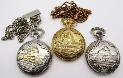 (3) TRAIN THEME POCKET QUARTZ WATCHES. ALL VERY NICE CONDITION - NEEDS BATTERIES - UNTESTED