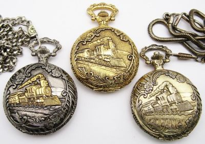 (3) TRAIN THEME POCKET QUARTZ WATCHES. ALL VERY NICE CONDITION - NEEDS BATTERIES - UNTESTED
