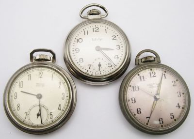 (3) WESTCLOX WORKING POCKET WATCHES. (2) POCKET BEN, (1) BULL'S EYE - NEEDS CLEANED