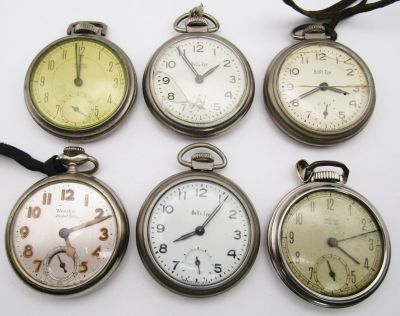 (6) WESTCLOX POCKET WATCHES PARTS / REPAIR. BULL'S EYE & POCKET BEN