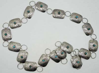 STERLING TURQUOISE CONCHO BELT. 47dwt,35in length, etched design with turquoise beads in the middle,
