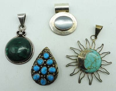 (4) MEXICO 925 PENDANTS. 30 DWT,1- SUN/MOON W/SLEEPING BEAUTY STONE STAMPED MEXICO, 1 -TURQUOISE 
