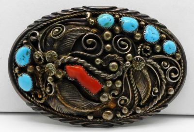 NAVAJO STERLING BELT BUCKLE W/TURQUOISE & CORAL. 24DWT, LITTLE OVER 3IN LENGTH, STAMPED "M" 