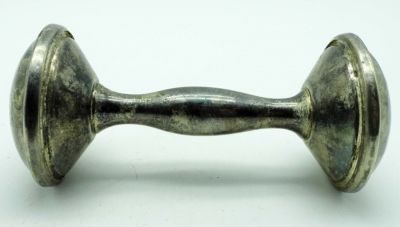 VINTAGE STERLING BABY RATTLE. 40DWT, 4IN IN LENGTH, NO STAMPING, STILL RATTLES