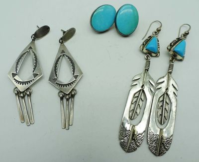 (3) PIERCED STERLING EARRING SETS. 21 DWT, 1- FEATHER DANGLES WITH TURQUOISE STAMPED STERLING SC 