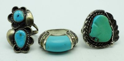 (3) TURQUOISE & SLEEPING BEAUTY RINGS. 16.6DWT,SIZES 5,6,8, SLEEPING BEAUTY STONE HAS MARCASITE 
