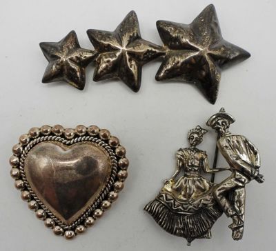 (3) MEXICO 925 PINS. 33DWT, STARS- STAMPED MEXICO 925, LITTLE OVER 3IN LENGTH, DANCING COUPLE 