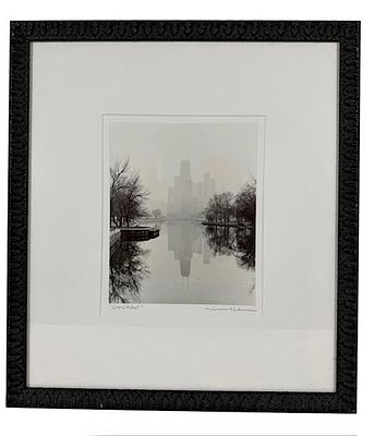 SURREALIST MIRRORED CHICAGO SKYLINE SILVER PRINT. This black and white silver gelatin print 