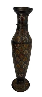 MORADABAD STYLE ENAMELED ENGRAVED BRASS VASE. This is an elongated, slender brass vase of Indian 