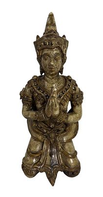 THAI THEP PHANOM WOODEN STATUE. A decorative figure of a kneeling Thepphanom, a celestial 