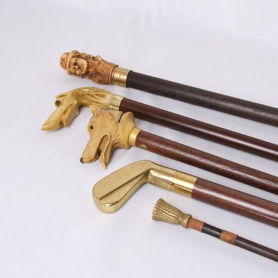 Lote de 5 bengalas. Conjunto de 5 bengalas. Uma bengala em madeira com cast&atilde;o em cabe&ccedil;a de galgo 