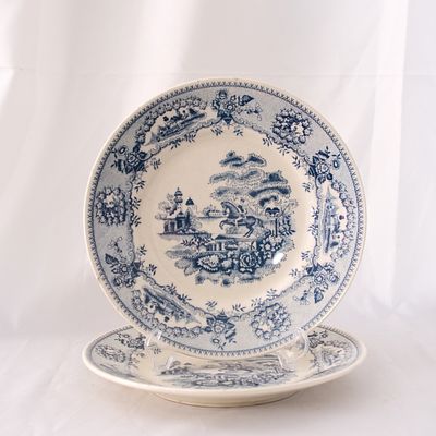 Conjunto de dois pratos ladeiros em faian&ccedil;a. Bordo com decora&ccedil;&atilde;o vegetalista e motivos 