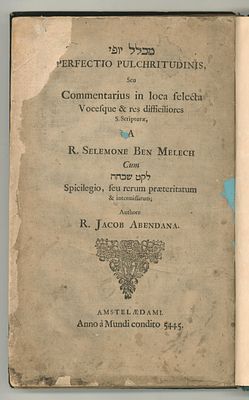 ספר מכלל יופי. הבנת המקרא. לרבי שלמה ן' מלך. אמסטרדם, תמ"ד [1684]. 
ביאור על דרך הפשט והדקדוק 
