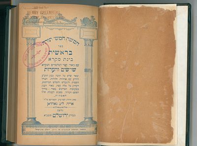 חמשה חומשי תורה, עם ביאור מר' אריה ליב גארדאן. ירושלים. 
שער נפרד לחלק של שמות, ויקרא. 
מצב 
