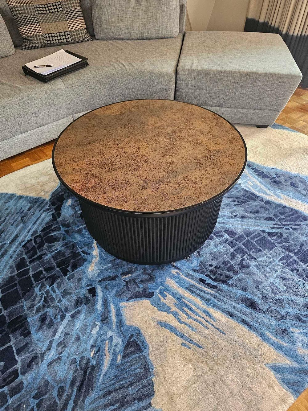 Lot 731: * Contera Coffee Table black fluted base with round moulded Canaleto top 85 x 47cm