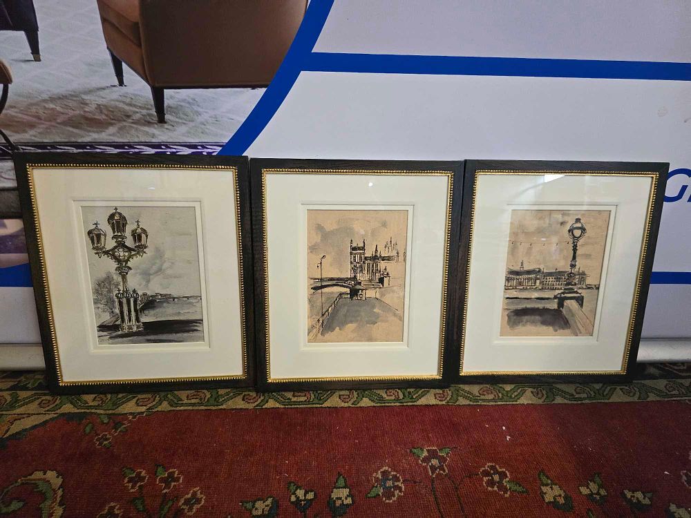 Lot 347: * A set of 3 prints after drawings of landmarks across the Embankment London glazed and framed 38 x