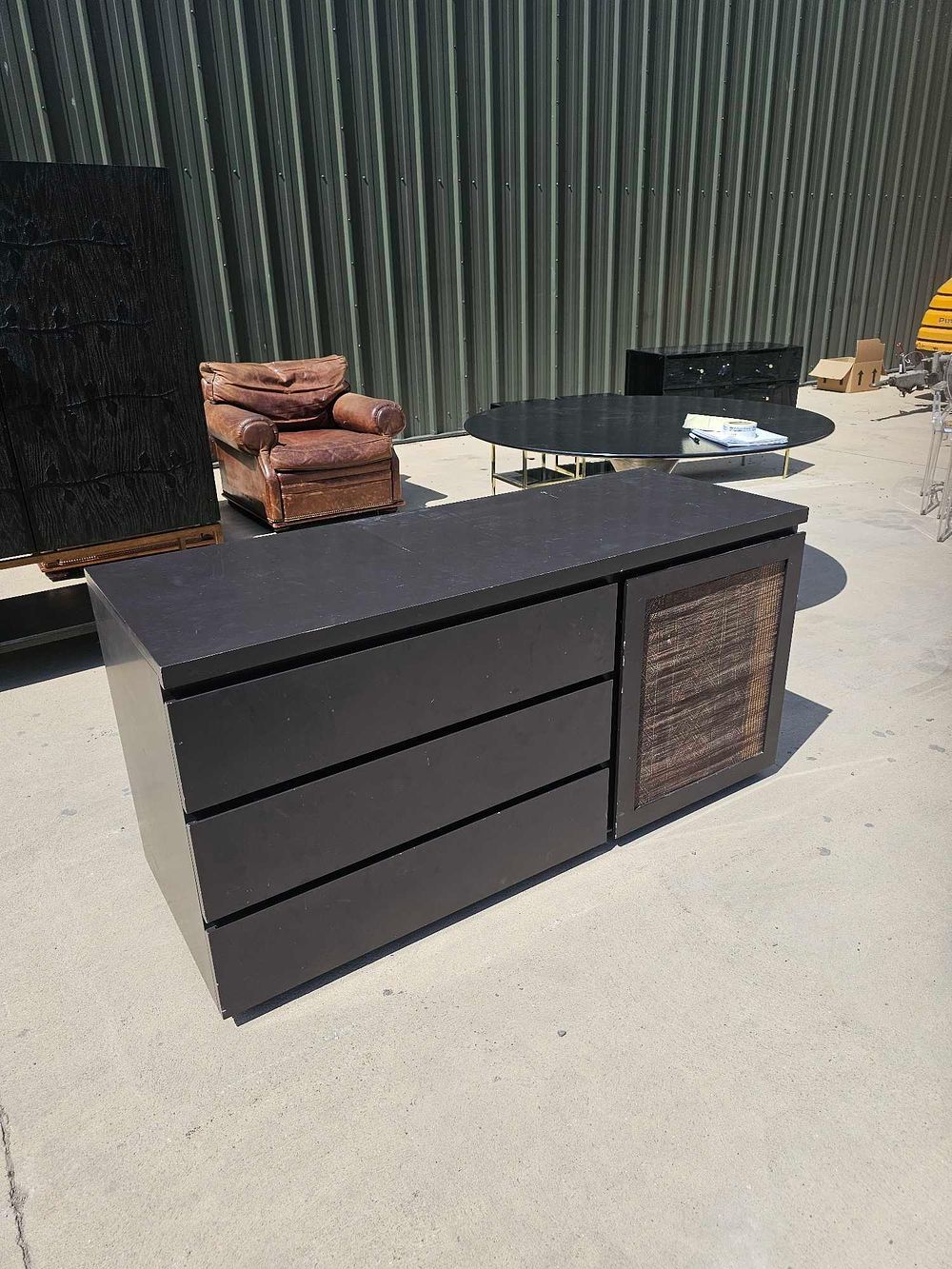 Lot 751: * A Solid Wood Black Matt Three Drawer Fabric Upholstered Panel Single Cupboard Sideboard 160 X 60 X